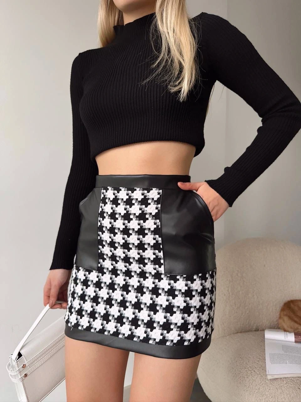 Deri garnili kaz ayağı kaşe etek siyah h24604 - L