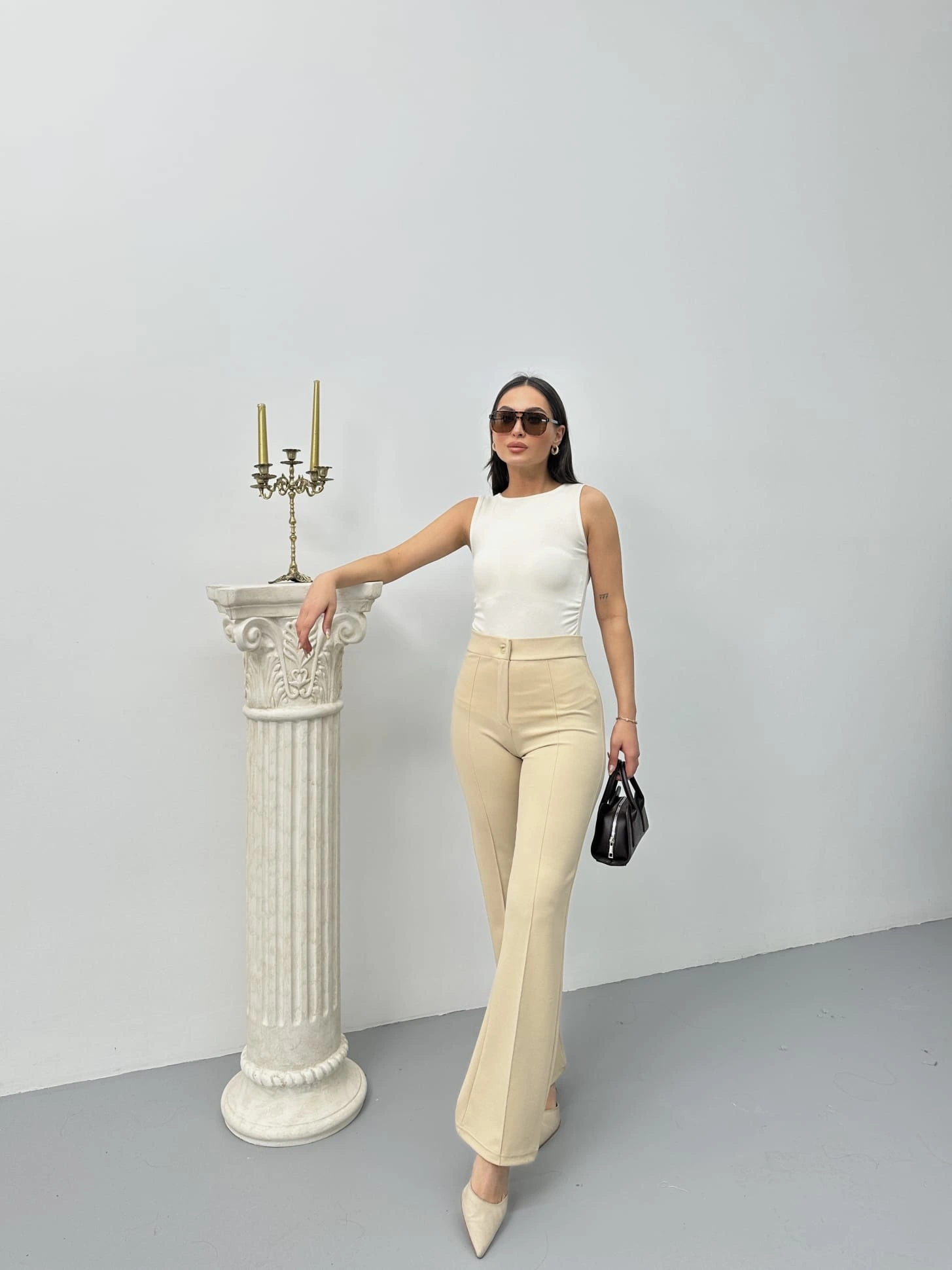 Düğmeli Palazzo pantolon bej p170091 - 2