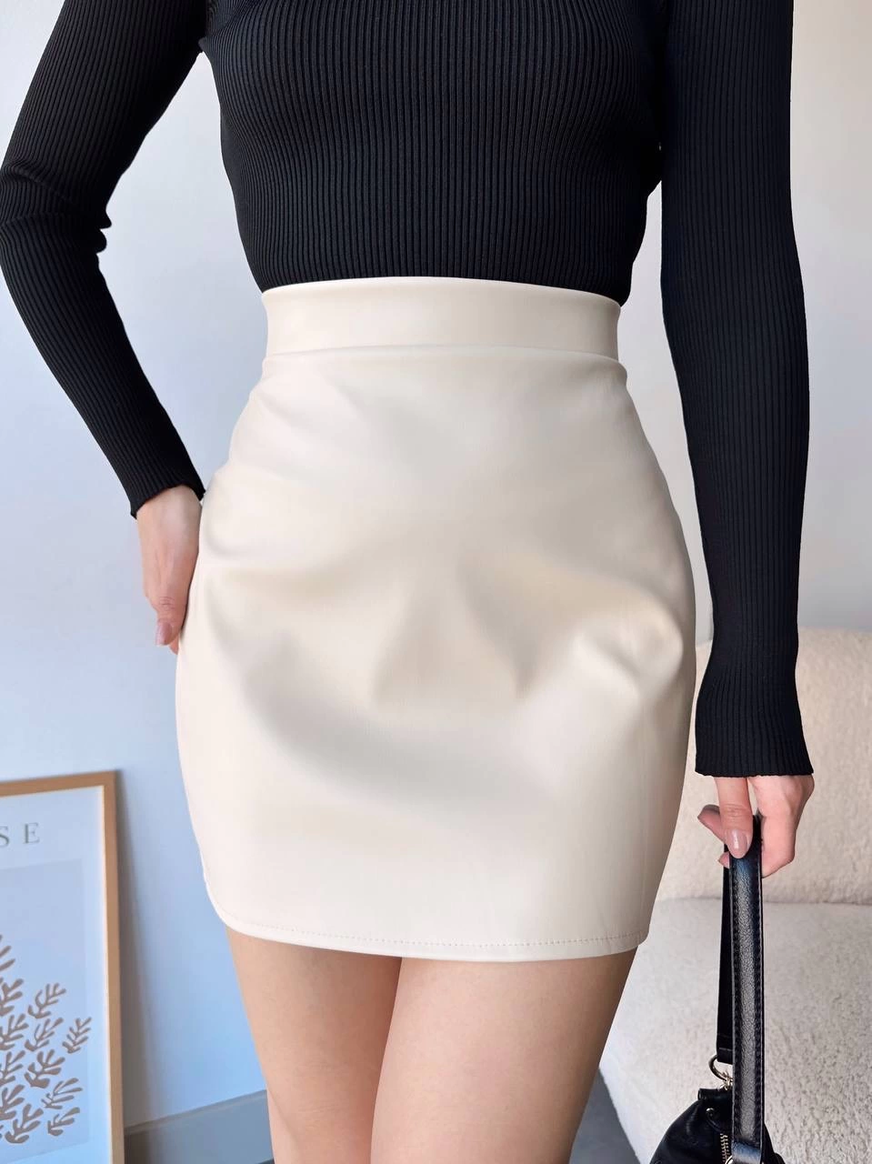 Düz deri etek bej h24468