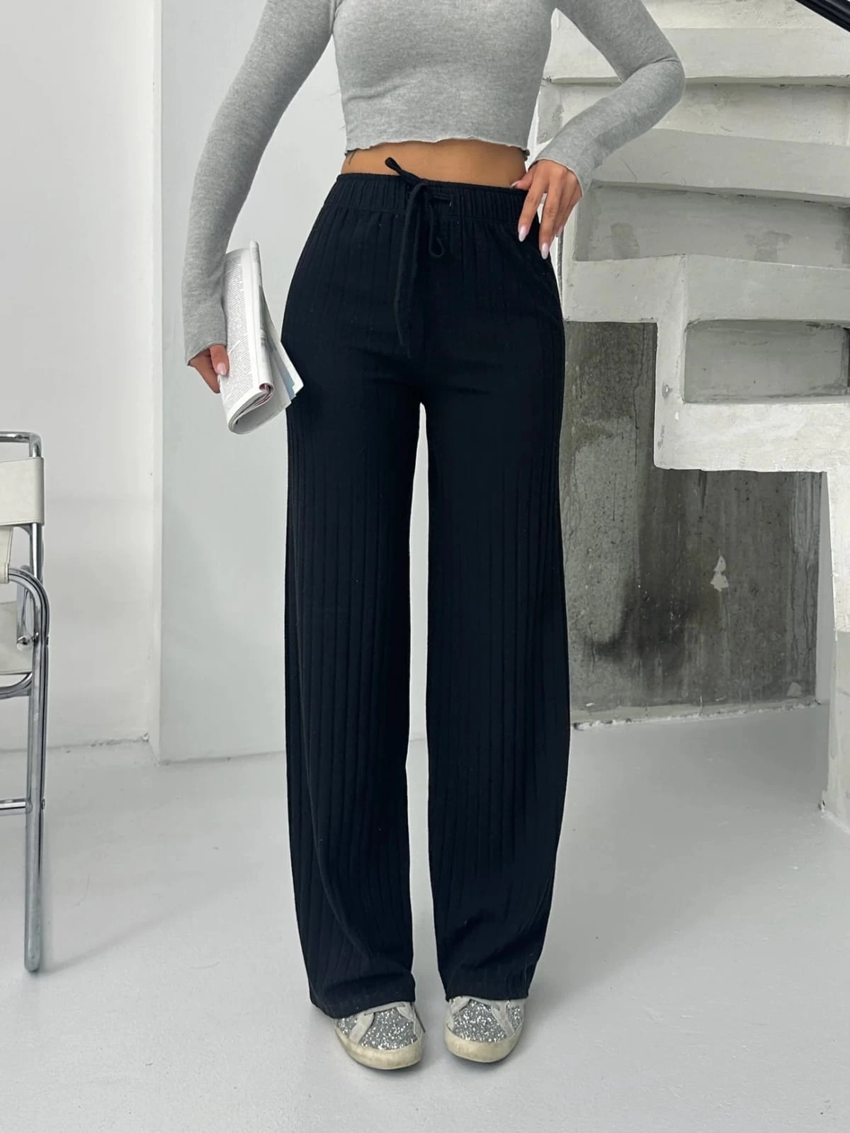 Fitilli şardonlu pantolon siyah a4058