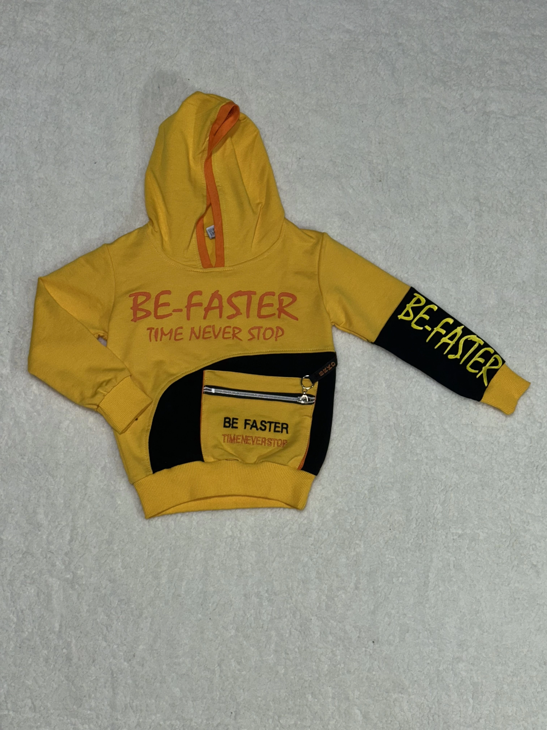 Kapşonlu önü fermuarlı bf baskılı Sweet shirt erkek çocuk sarı