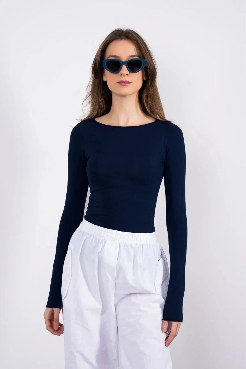 Kayık yaka uzun kollu bluz lacivert pt - XL