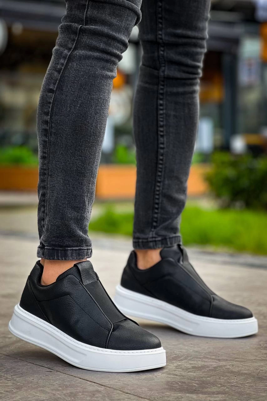 KB-007 Kuback Siyah Beyaz Yüksek Taban Tek Bant Bağcıksız Günlük Erkek Ayakkabı