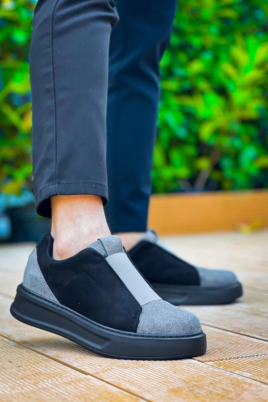 KB-007 Kuback Siyah Gri Siyah Yüksek Taban Tek Bant Bağcıksız Günlük Erkek