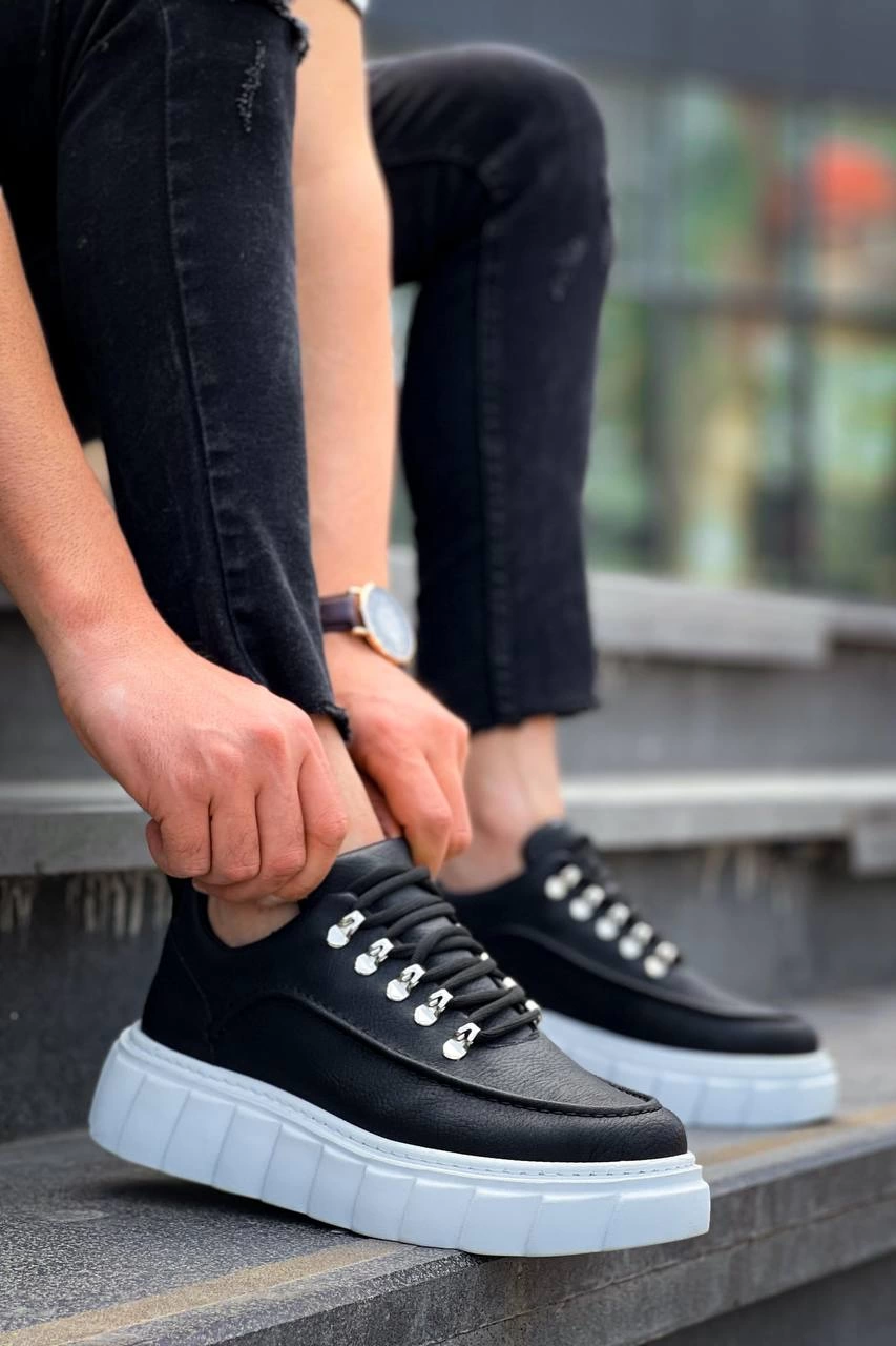 KB-X10 Kuback Siyah Cilt Beyaz Yüksek Taban Günlük Spor Ayakkabı