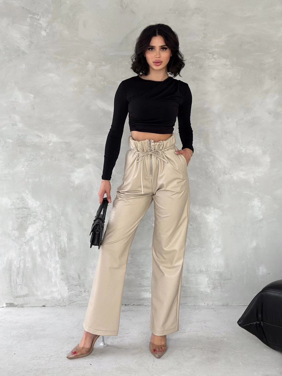 Kendinden ince kemerli deri pantolon bej t1178
