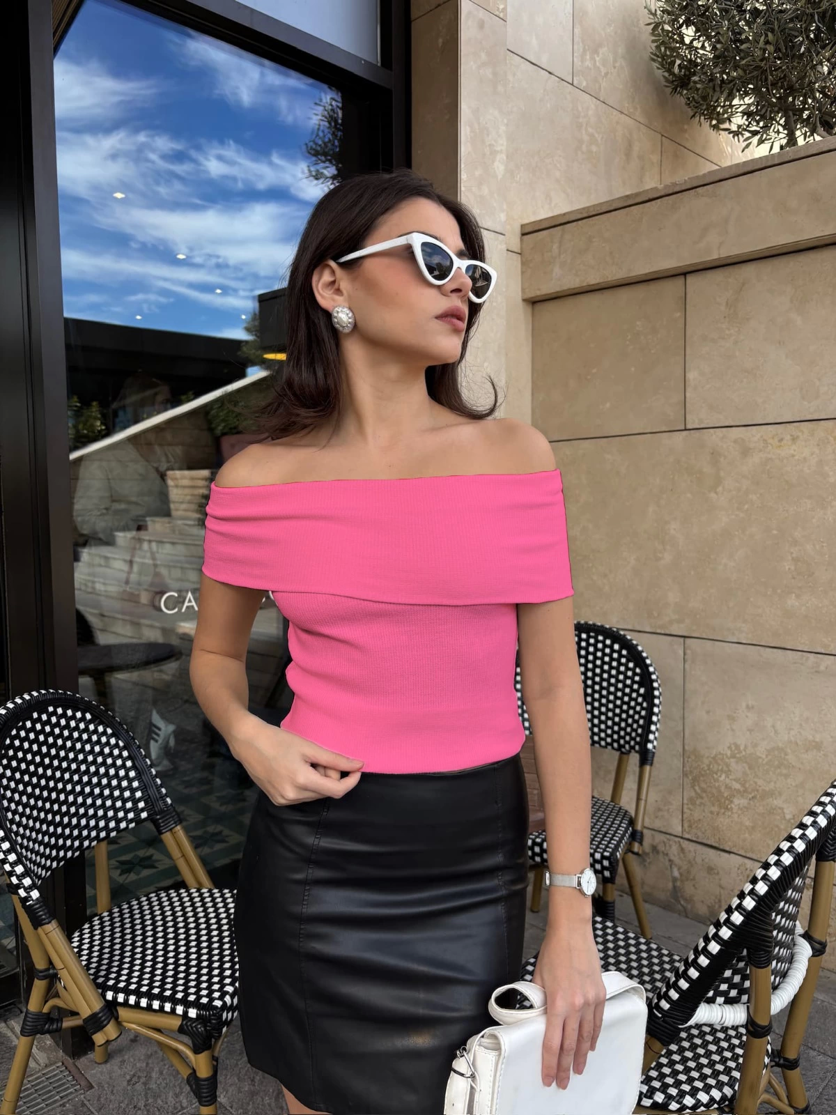 Madonna yaka sıfır kol bluz pembe - Resim 4
