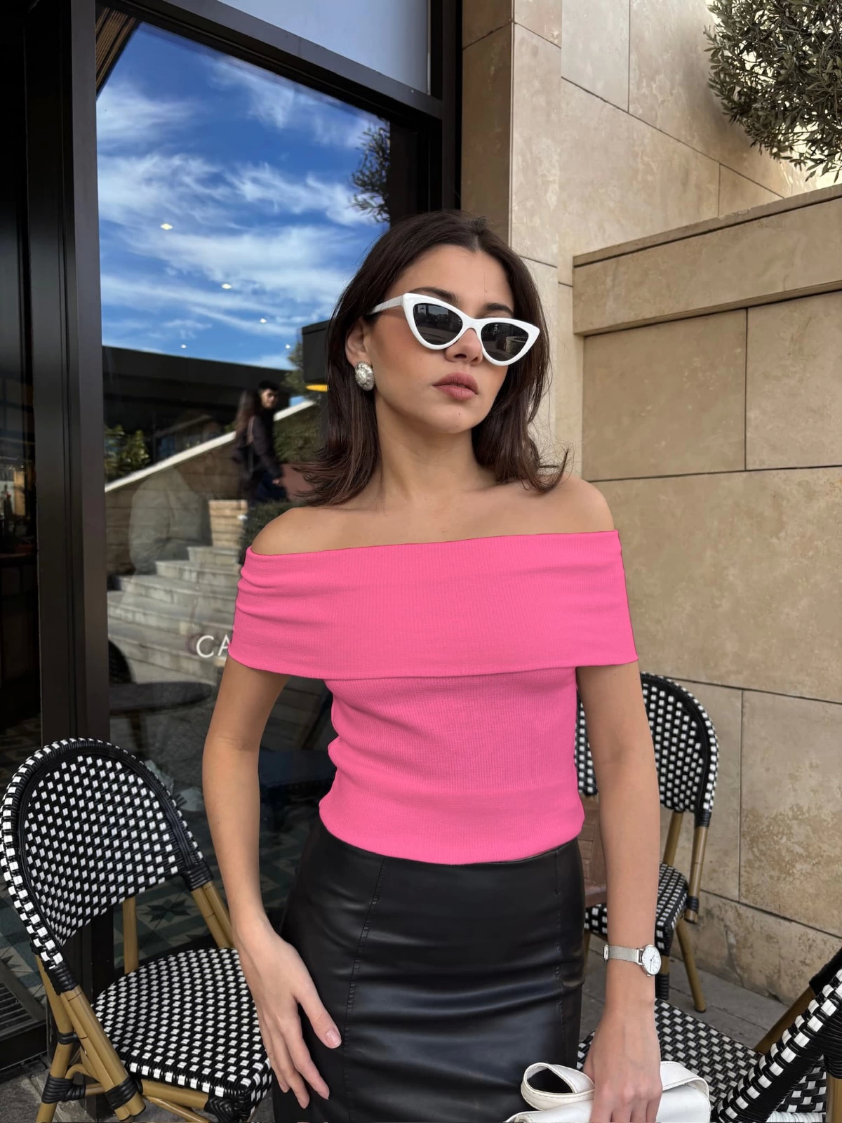 Madonna yaka sıfır kol bluz pembe - Resim 3