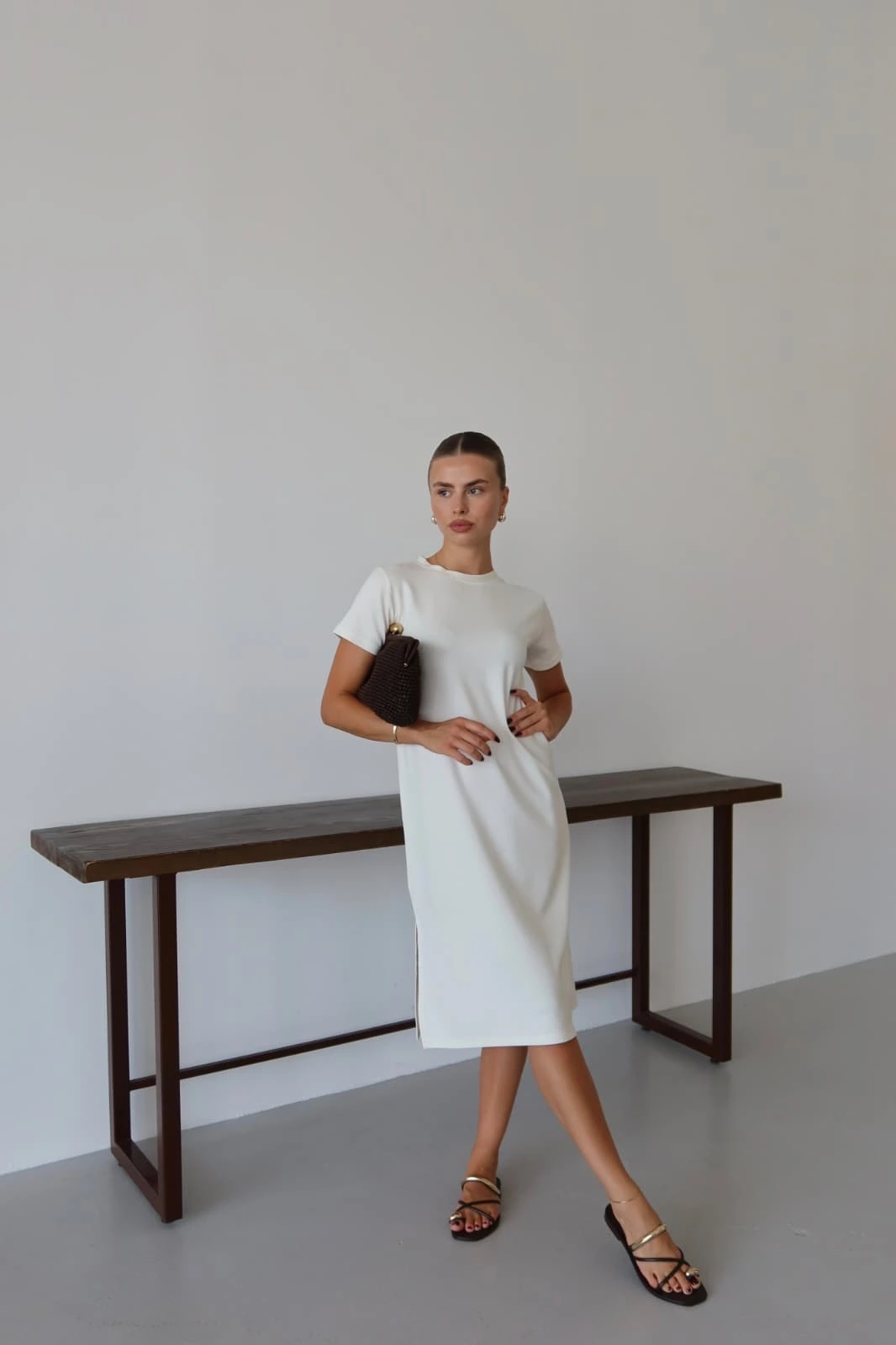 Modal yırtmaçlı elbise beyaz pt - 2