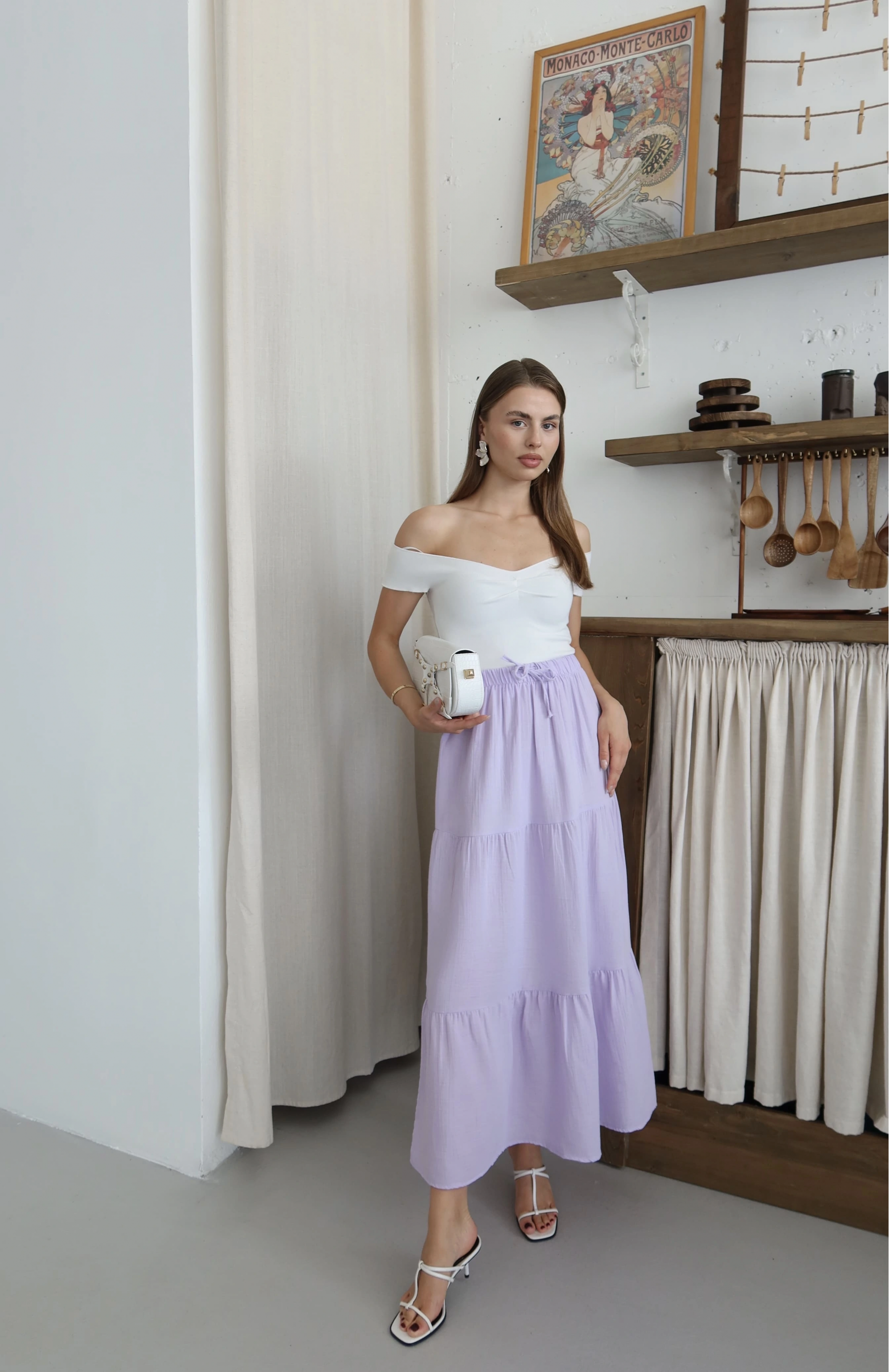 Müslin kumaş keten uzun etek lila pt - XL