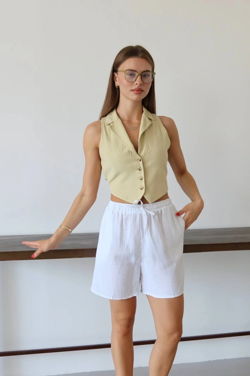 Müslin kumaş şort bağcıklı beyaz pt - XL