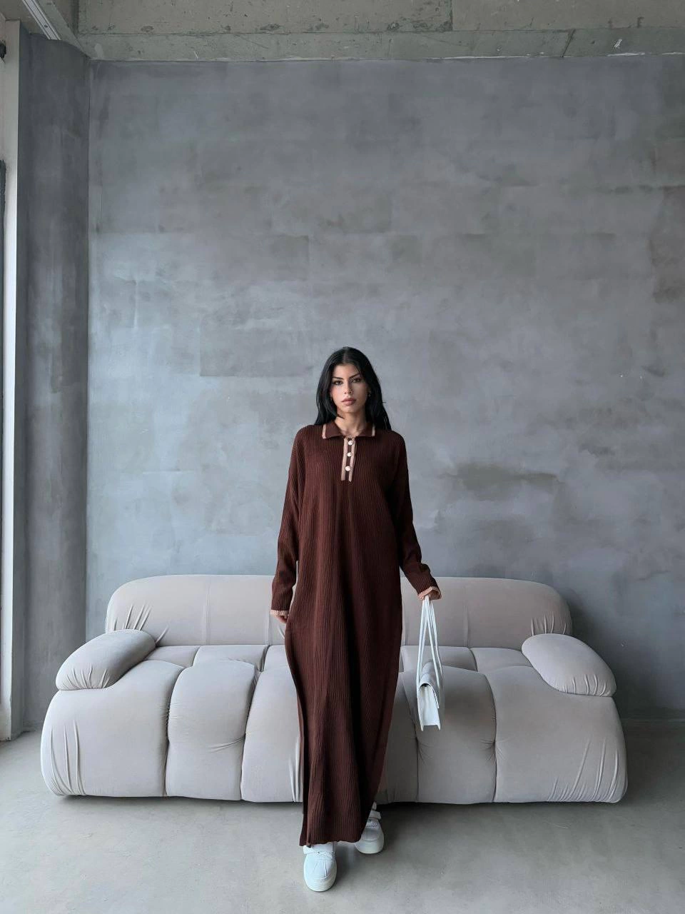 Pantolon yırtmaçlı elbise ikili triko takım kahve elf