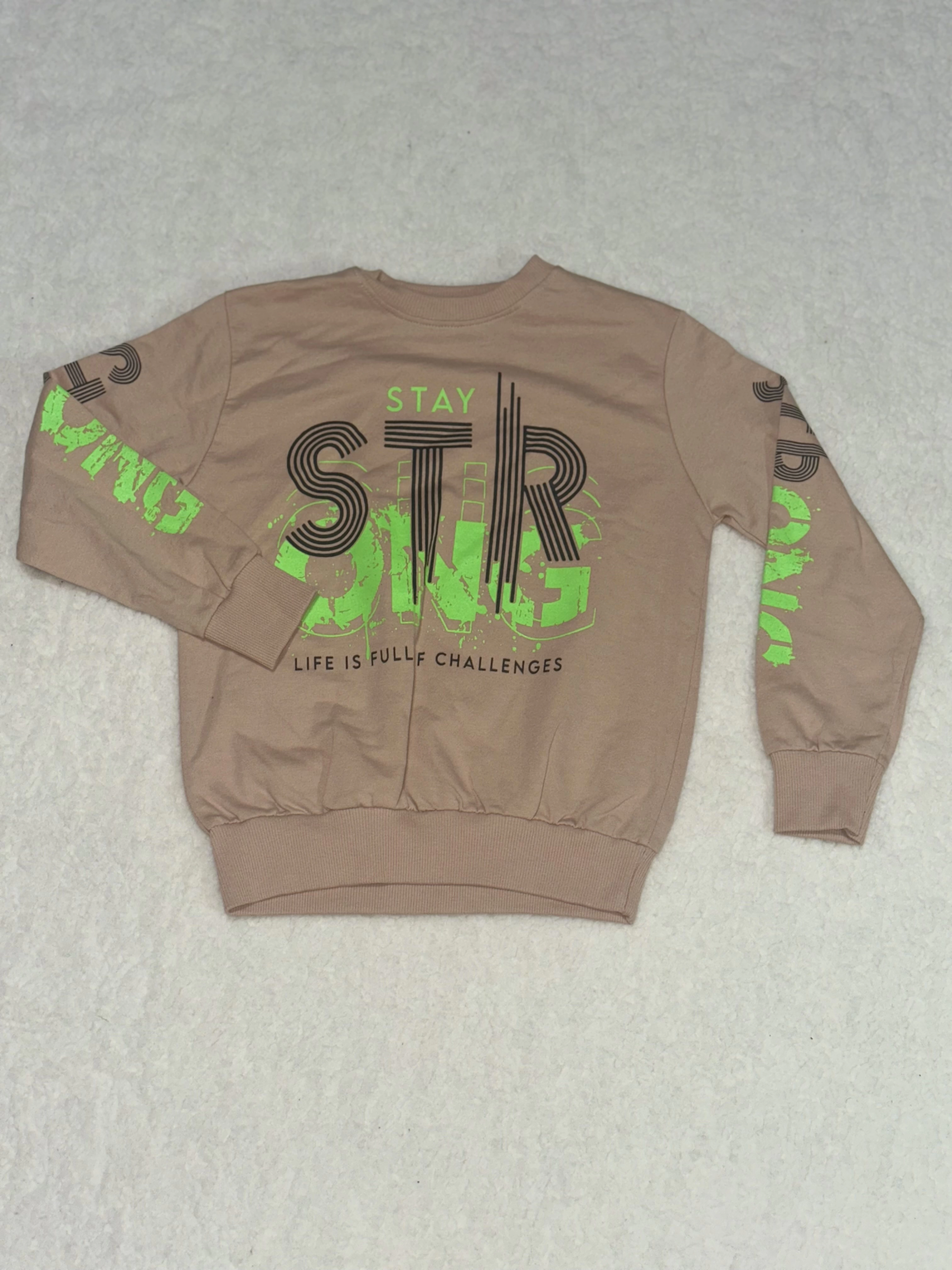 Sty yeşil siyah yazı baskılı bisiklet yaka erkek çocuk sweatshirt vizon