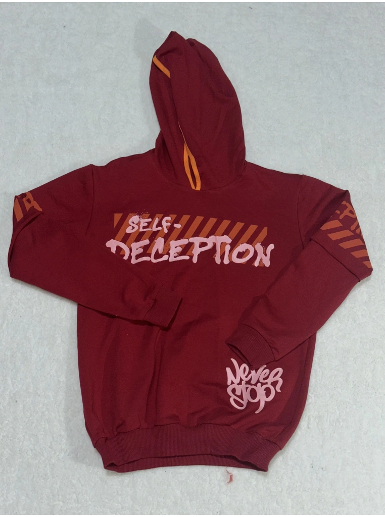 14 yaş erkek çocuk kapşonlu baskılı kol ek detaylı sweatshirt bordo