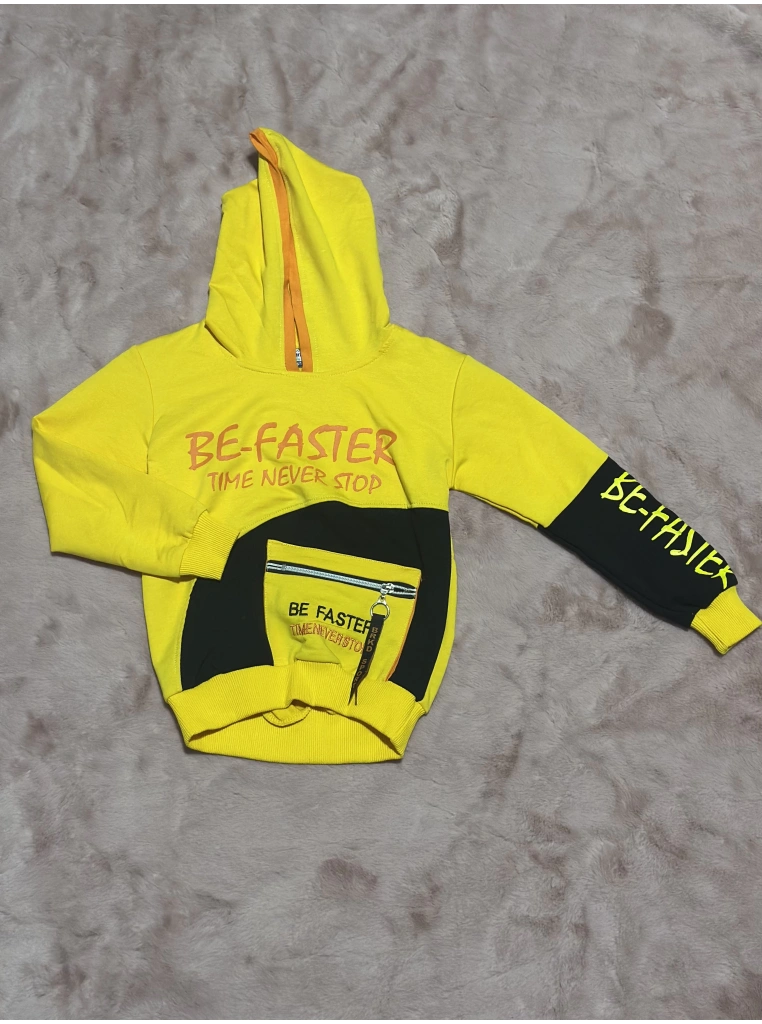 3-9 yaş naskılı ön fermuar detaylı kol ek kapşonlu sweatshirt sarı