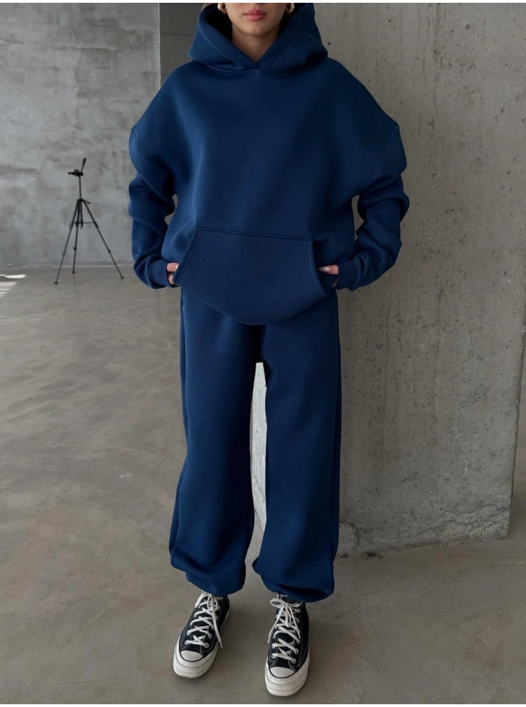 3 iplik şardonlu kapşonlu sweatshirt lacivert p510436