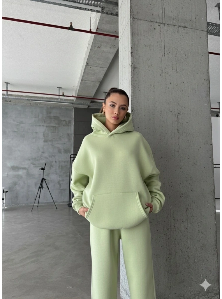 3 iplik şardonlu kapşonlu sweatshirt mint p510436