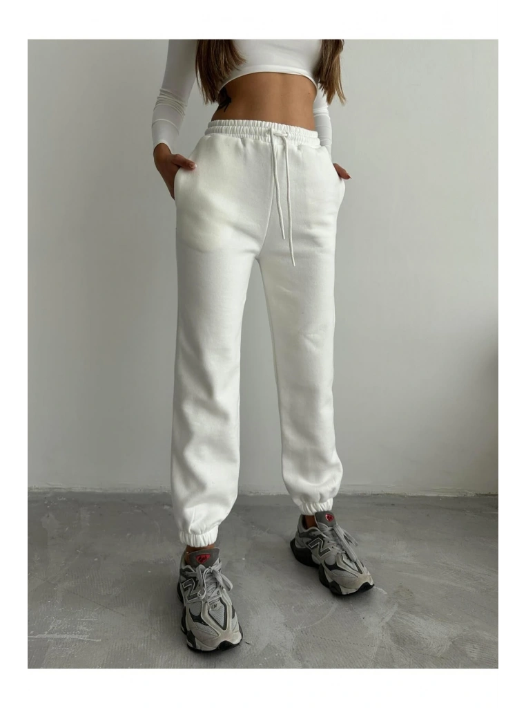 3 iplik şardonlu paça lastikli eşofman beyaz is001