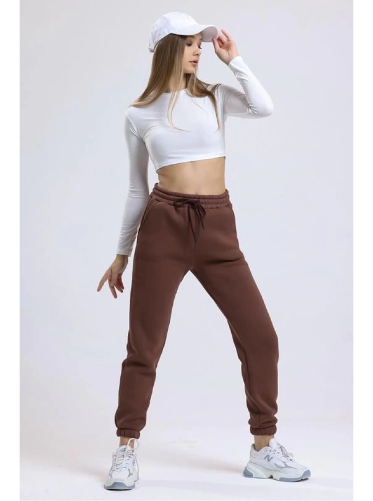 3 iplik şardonlu paça lastikli eşofman kahve is001