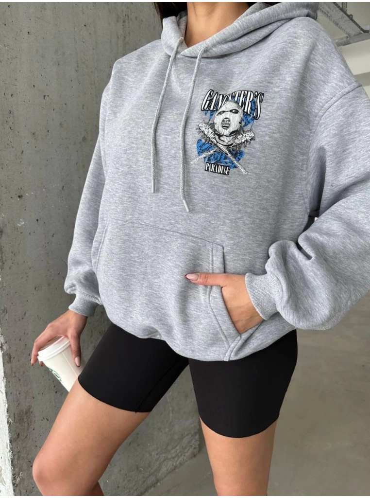 3 iplik şardonlu oversize kafa baskılı sweat gri