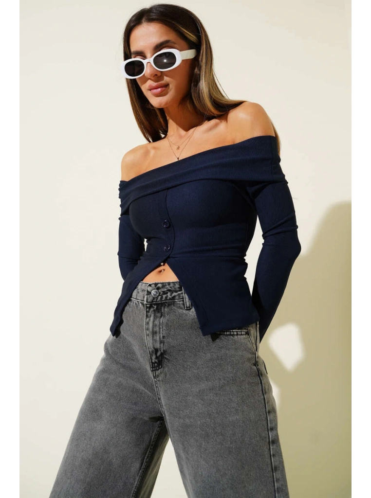 Madonna Yaka Düğmeli Bluz Lacivert t4329