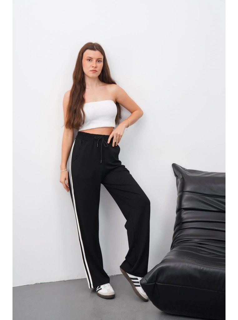 Yandan çift şeritli pantolon siyah