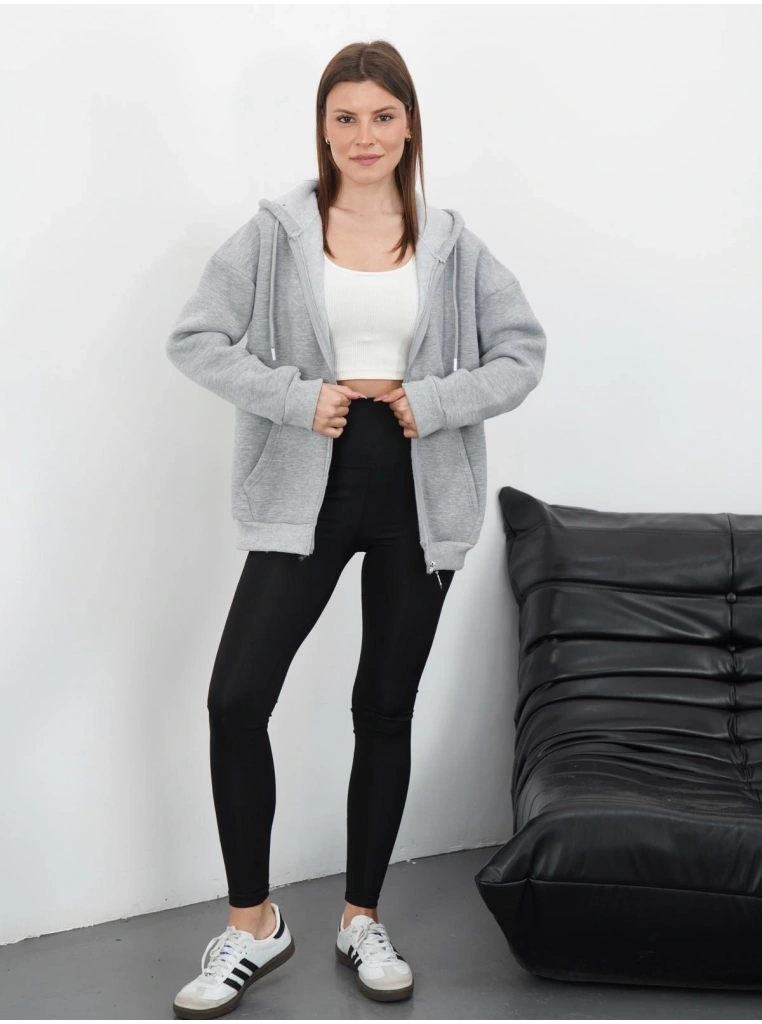 3 iplik şardonlu fermuarlı kapşonlu hırka gri