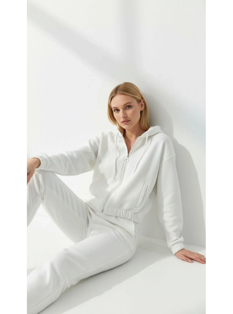 3 iplik şardonlu Kapşonlu fermuarlı kısa üst beyaz pat8590