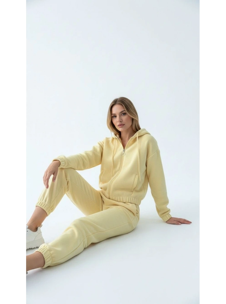 3 iplik şardonlu Kapşonlu fermuarlı kısa üst sarı pat8590