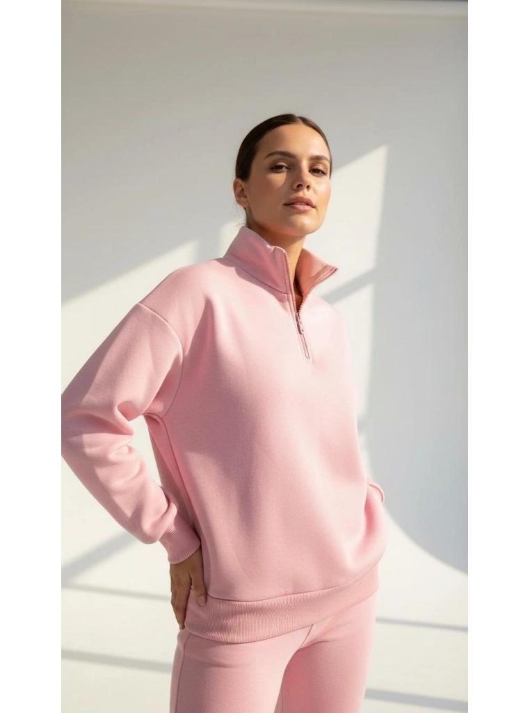 3 iplik Şardonlu yarım fermuarlı sweatshirt somon