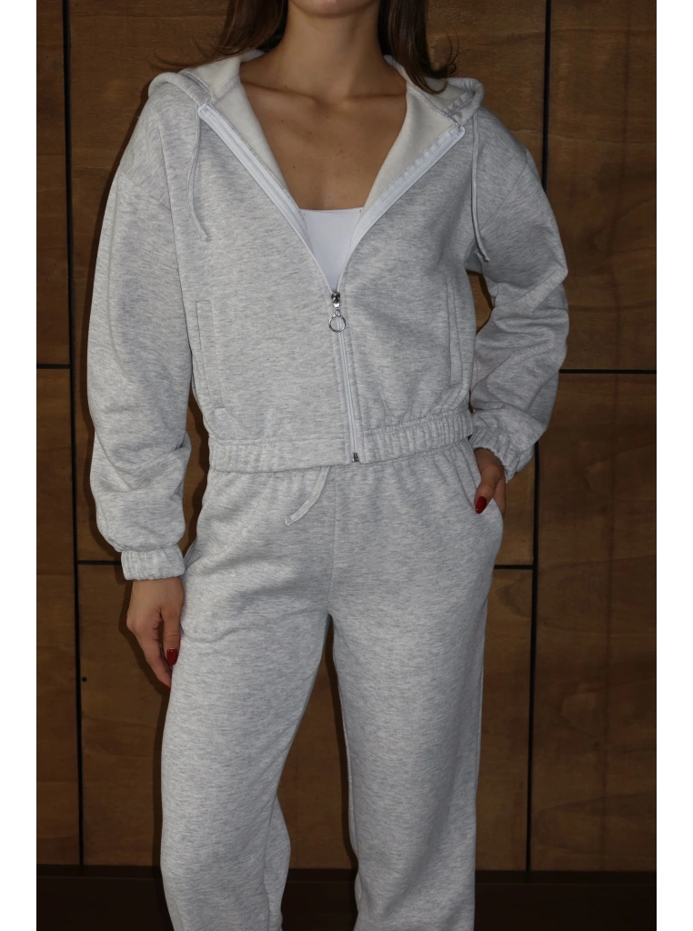 3 iplik şardonlu Kapşonlu fermuarlı kısa üst gri pat8590