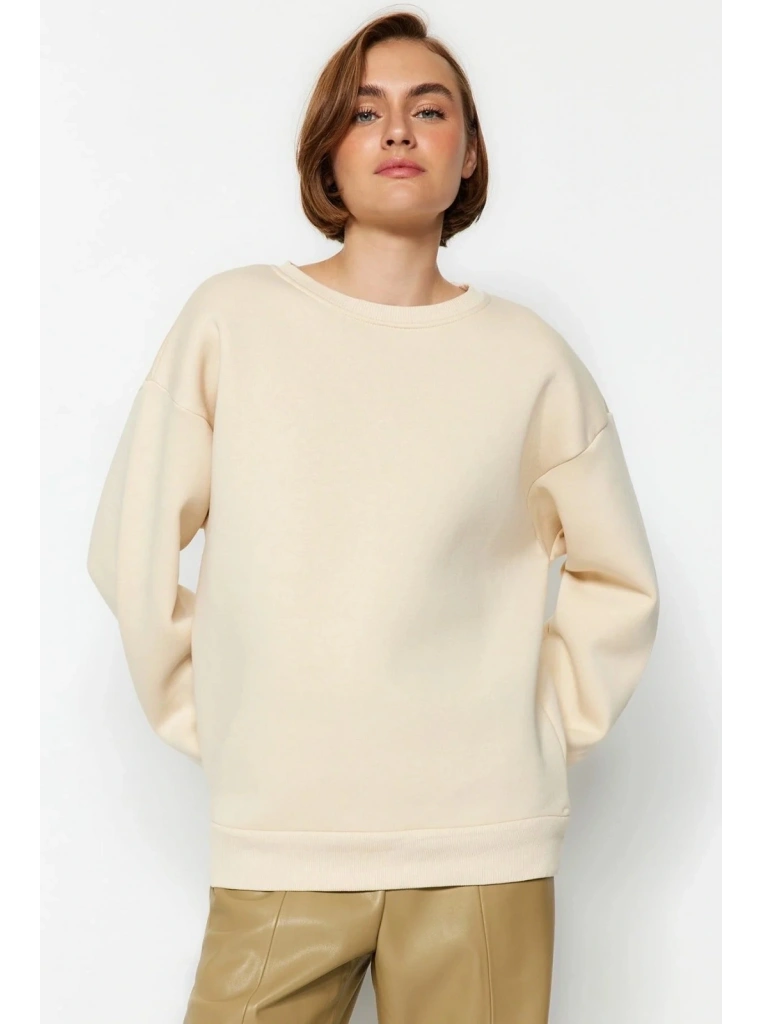 3 iplik şardonlu bisiklet yaka sweatshirt bej