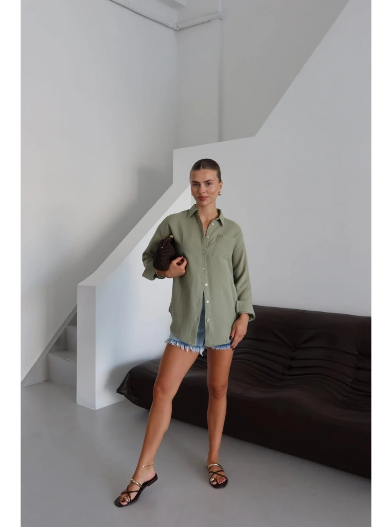 Tek cepli müslin gömlek haki pt