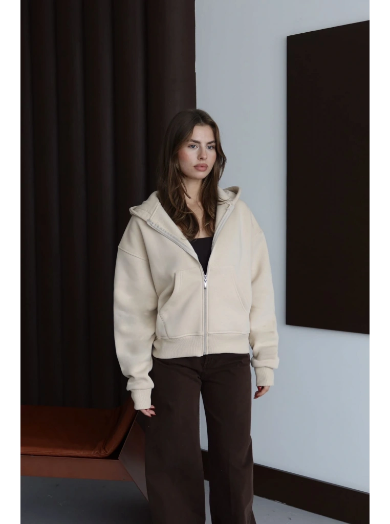 3 iplik şardonlu kapşonlu hoodie frm bej p510437