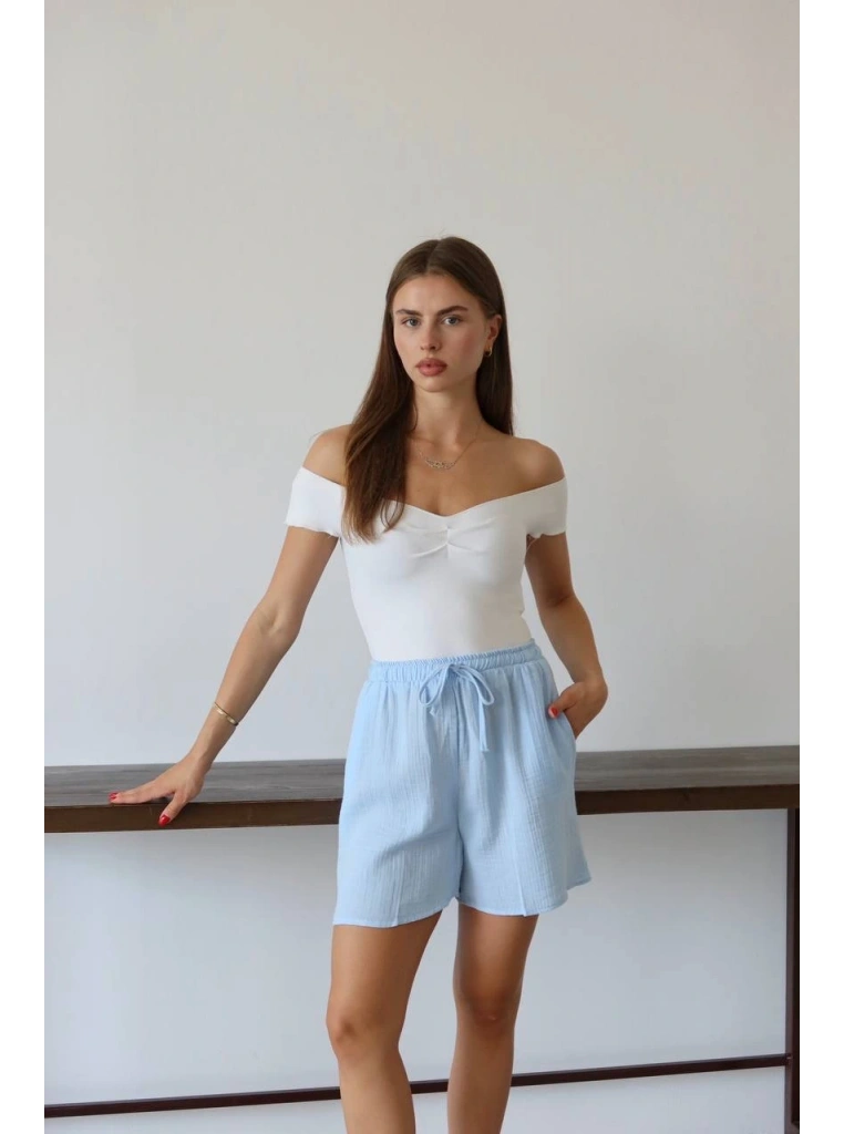 Müslin kumaş şort bağcıklı mavi pt