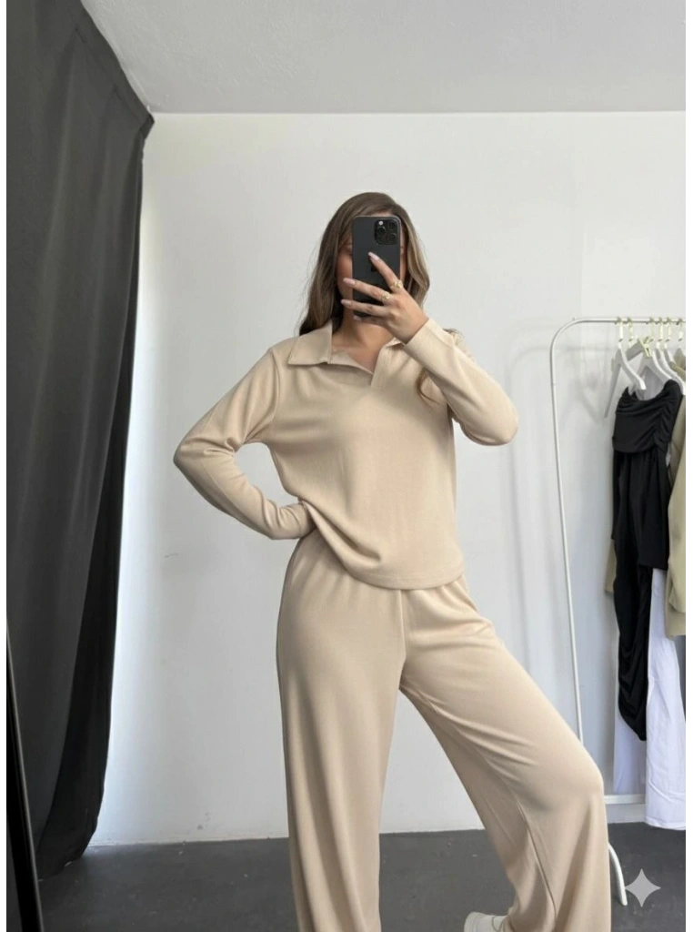 Polo yaka alt üst kollu modal takım bej pt