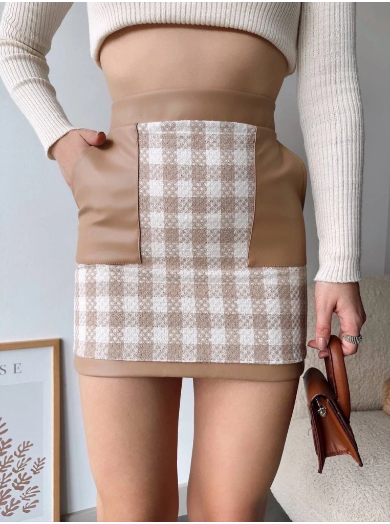 Deri cep garnili kaşe etek bej h24604