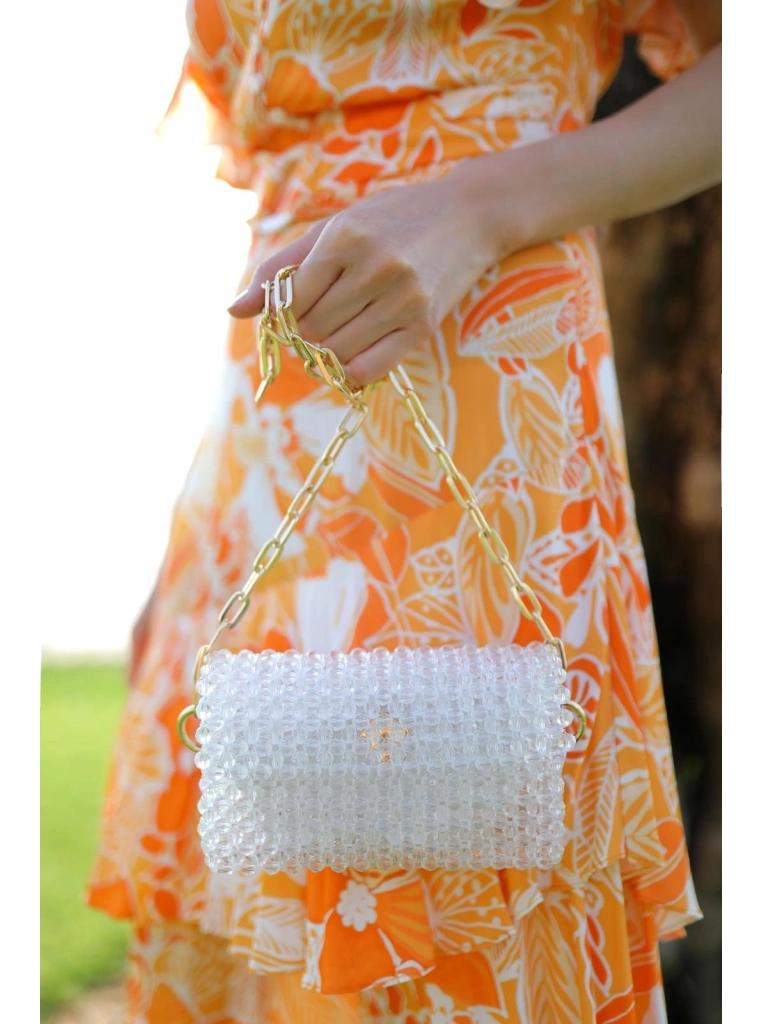 El yapımı zincirli incili çanta beyaz