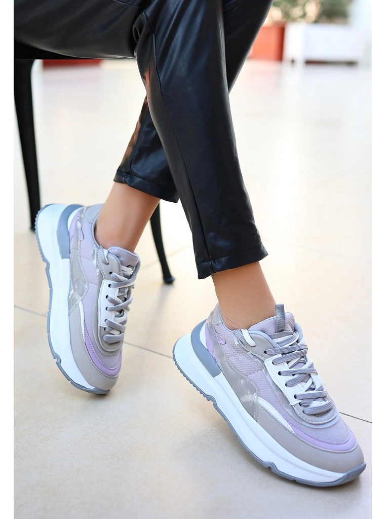 Aleh Gri Cilt Bağcıklı Spor Ayakkabı