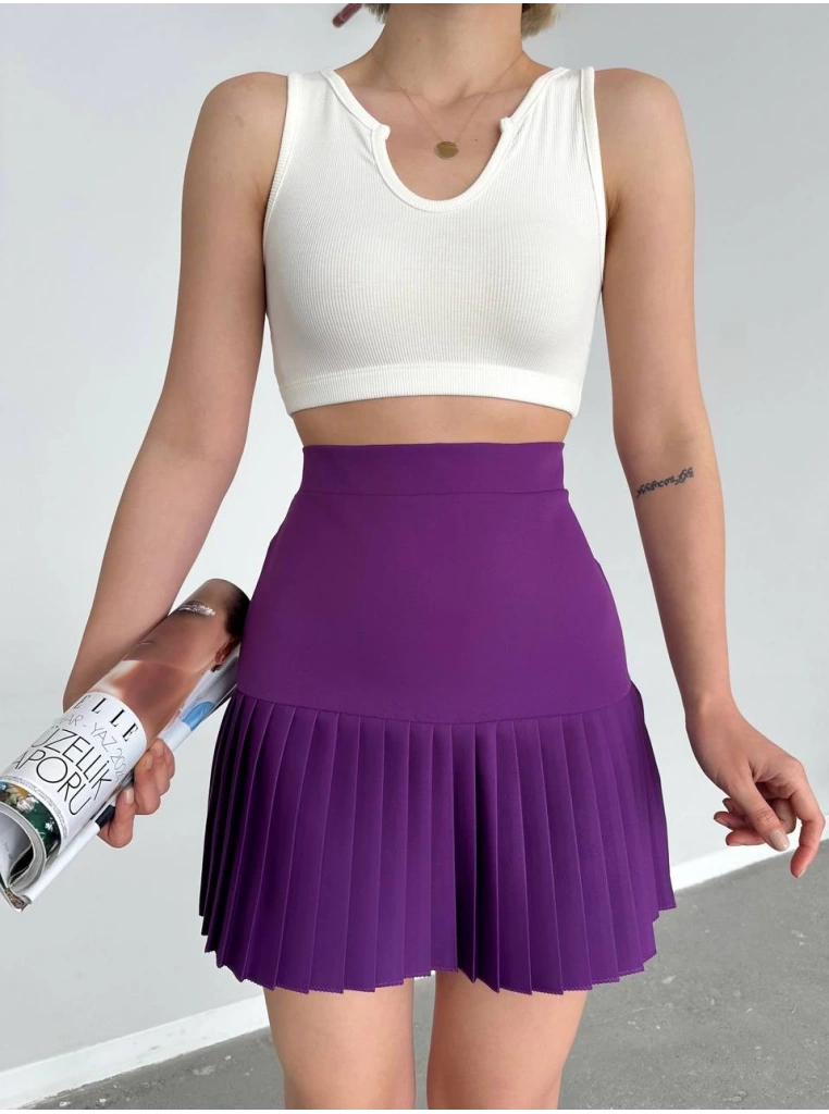 Altı pliseli mini etek Mor s24705