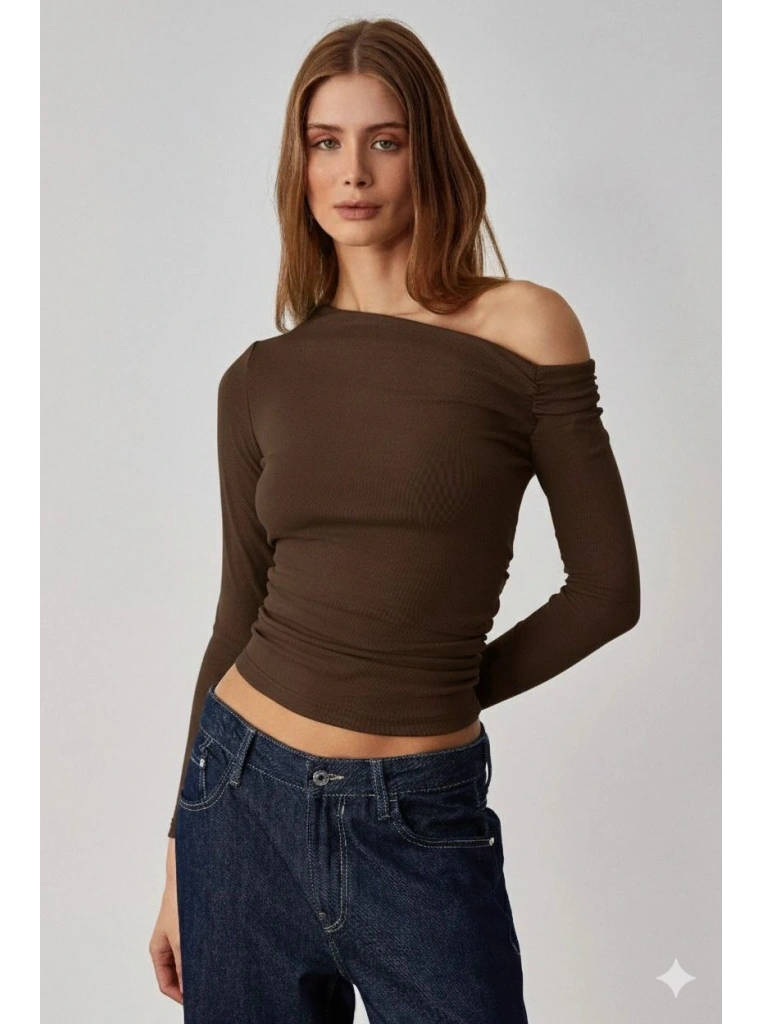Asimetrik yaka bluz kahve pt