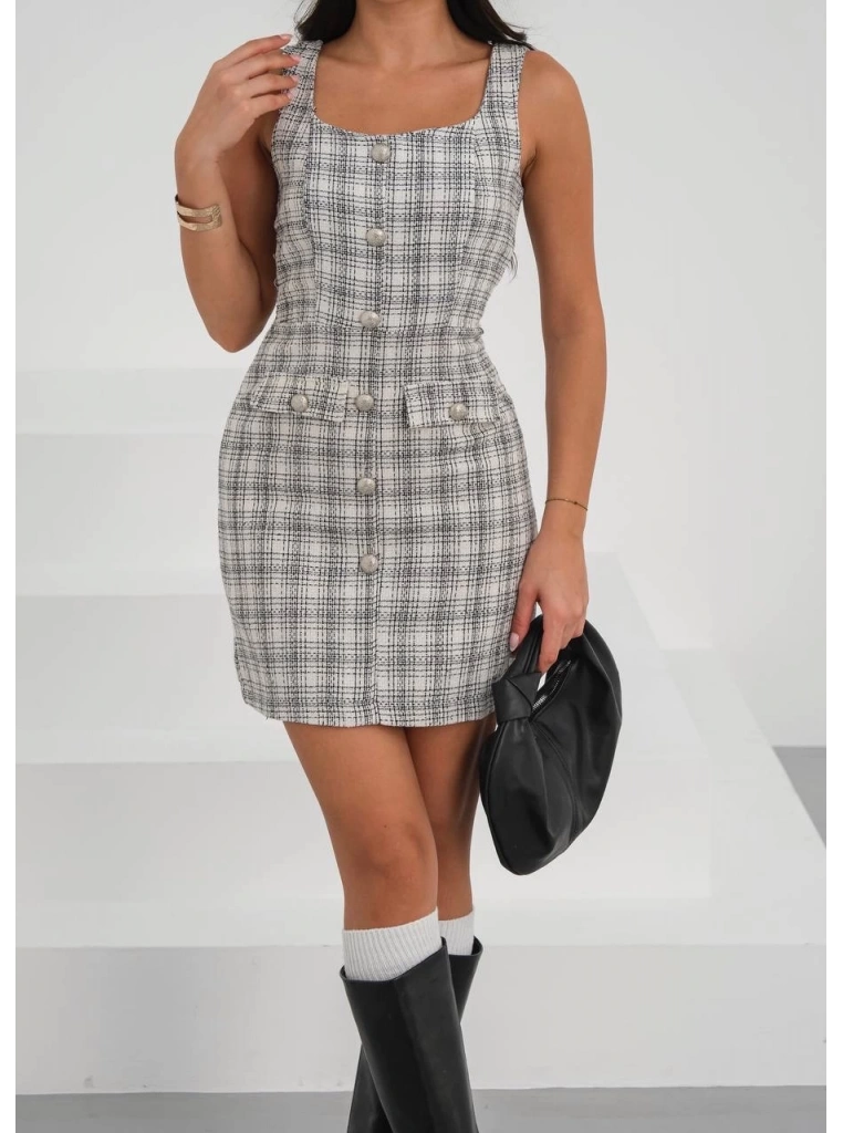 Askılı ch kumaş düğmeli elbise gribeyaz h265007