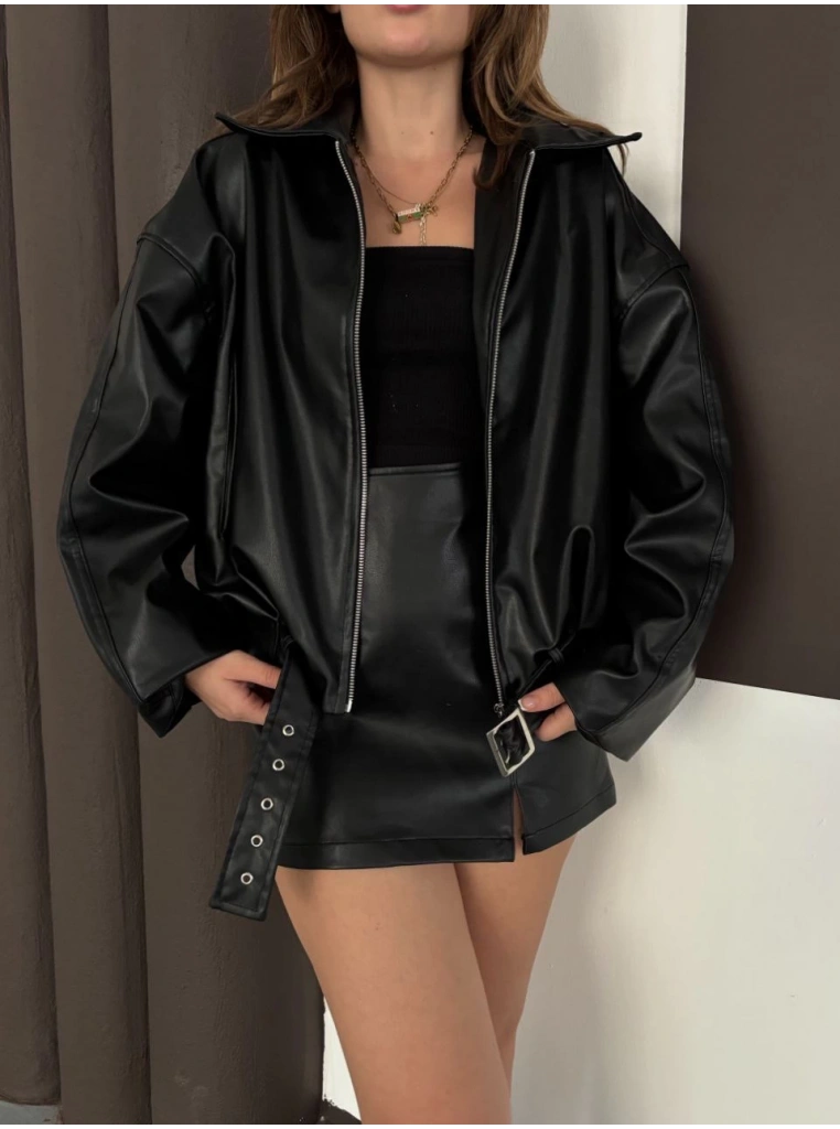 Astarlı kemerli pb deri ceket siyah onst