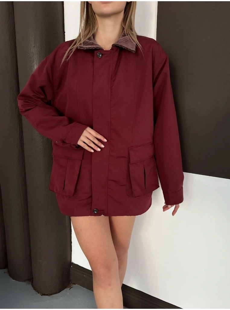 Astarlı yaka detaylı artos ceket bordo st2651019