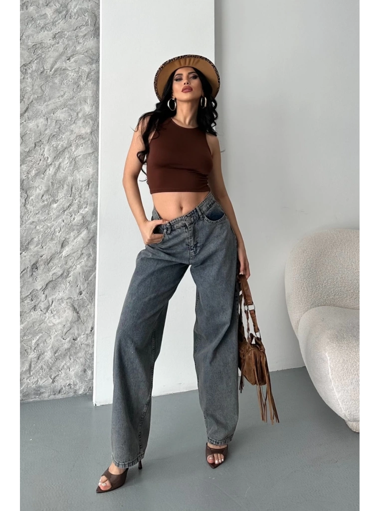 Baggy kar yıkama eskitme kahve jeans pantolon d2007