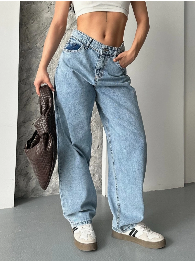 Baggy kar yıkama orta mavi jeans pantolon d2007
