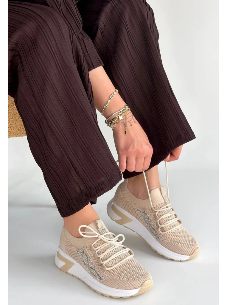 Belan Bej Triko Bağcıklı Spor Ayakkabı