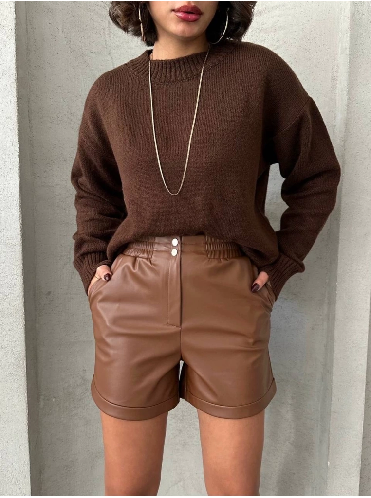 Beli lastikli çıtçıtlı deri şort kahve w241007