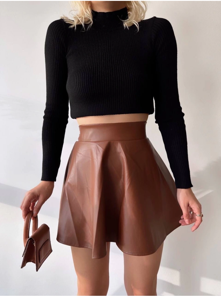 Beli lastikli deri etek kahve s24599