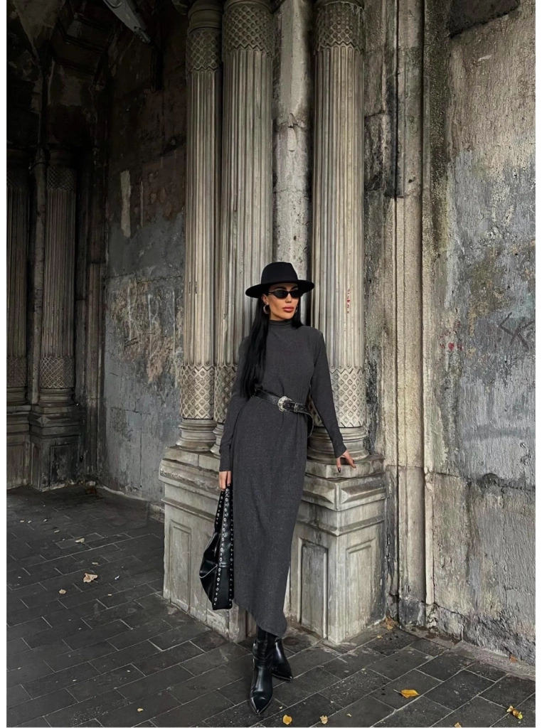 Boğazlı kalın bürümcük uzun elbise siyah